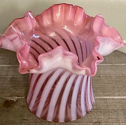 Fenton Rose Satin Pink Opalescent Ruffled Swirl Vase (as Is)
