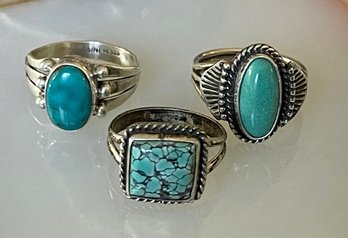 3 Vintage Navajo Sterling Silver And Turquoise Rings - 2 Size 7 - 1 Size 7.5 - Total Weight 11 Grams
