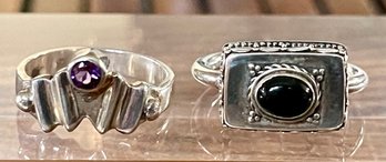 2 Sterling Silver Rings (1) Amethyst Faceted Stone & (1) Black Onyx Stone - Size 8 - Total Weight 9.5 Grams