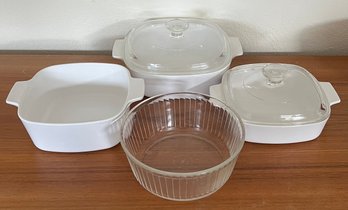 (3) White Corningware Casseroles - (2) With Lids, Pyrex Clear Glass Bowl