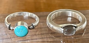 2 Sterling Silver Rings - (1) Moonstone & (1) Larimar Cabochon - Size 7.5-8 - Total Weight 10.4 Grams
