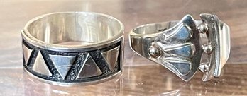 2 Sterling Silver Rings - Triangle Pattern  & Buckle - Size 9.5 - Total Weight 10.8 Grams