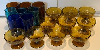 Lot Of Mid Century Hand Blown Amber, Cobalt, And Blue Sherbet And Juice Glasses (as Is)