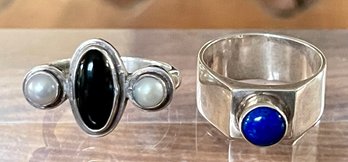2 Sterling Silver Rings - Pearl & Onyx And Blue Lapis - Size 7.5-8 - Total Weight 12.6 Grams