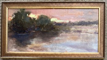 Original Signed Oil On Board Sunset Painting In Frame