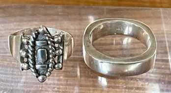 2 Sterling Silver Rings - Square Band And Oval Top - Size 9.75-10 - Total Weight 16.9 Grams