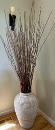 Large White Ribbed Pottery Vase With Willow Branch Decor