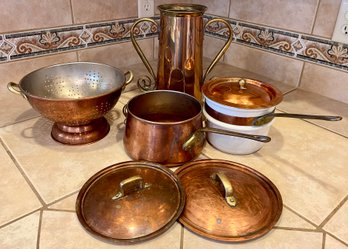 Vintage Copper Pots - Colander, Covered Sauce Pot, Porcelain Sauce Pot, And 2 Lids