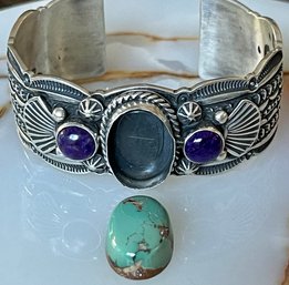 Guy Hoskie Navajo Sterling Silver, Turquoise & Sugalite Cuff Bracelet (as Is) - Total Weight 51.3 Grams