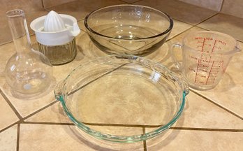 Vintage Glass Juicer, Pyrex Blue Pie Plate, Fire King Measuring Cup, Pyrex Beaker, And More
