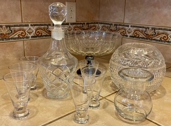 Crystal Decanter With 6 Sherry Glasses, Italy Silver Plate And Crystal Compote, And More