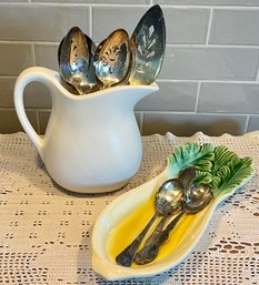 McCoy Vintage White Pitcher, Cardinal USA Vintage Celery Dish And Assorted Silverplate Silverware