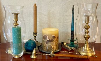 Vintage Brass And Glass Candle Lot - Candle Extinguishers, Hurricane Globes, And More