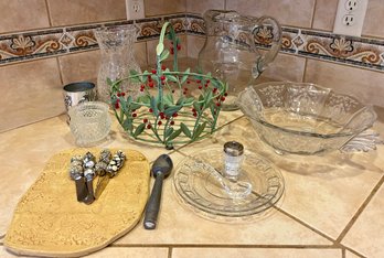 Crackle Glass Vase, Clear Glass Pitcher, Etched Glass Bowl, Metal Basket, Pottery Cheese Plate, And More