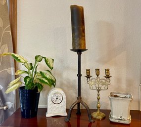 (2) Pottery Plant Pots With 1 Live Plant, Howard Miller Clock, Cast Iron And A Brass Candle Holders