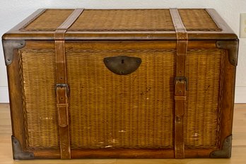 Wicker Trunk With Wood Trim, Leather Straps And Metal Accents