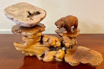 Burl Wood 3 Tier Stand, Carved Bear (as Is), And A Geode