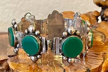 Vintage Mexico Sterling Silver And Green Stone Panel Bracelet