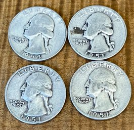 4 Silver Quarter Coins - (3) 1951 & (1) 1954