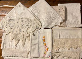 Assorted Antique Linens - Lace Trim Pillow Cases - Tape Lace Doilies - Embroidery & More