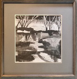 Original Darlis Lamb Black And White Ink And Watercolor Landscape