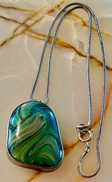 Vintage Sterling Silver Art Glass Pendant With 17 Inch Sterling Silver Snake Chain - Total Weight 27.14 Grams