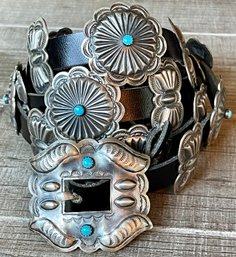 Vintage Sterling Silver And Turquoise Concho Belt Signed Rog Daye - 42' Long - Total Weight - 164 Grams