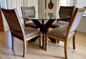 Wood And Glass Top Table With 4 Rustic Wood Nailhead Chairs With Microfiber Seats And Backs