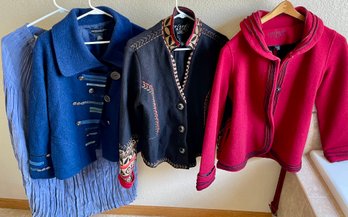 Buffalo Billy Broom Skirt, (2) Icelandic Wool Sweaters, Monteray Bay Wool Jackets - Petite L, L, And M