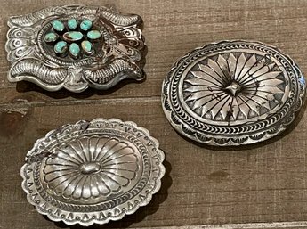 3 Sterling Silver & Turquoise Belt Buckles 136 Grams (as Is) Dean Brown - Marcella James & Carson Blackgoat