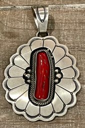 Wallace Yazzie Jr. Navajo Sterling Silver & Coral Stamped Pendant (as Is) - Total  Weight 23.9 Grams