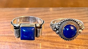 2 Sterling Silver & Blue Lapis Cabochon Rings - Round W 18k Accents  -  - Size 6.75 -7 - Weight 7.7 Grams