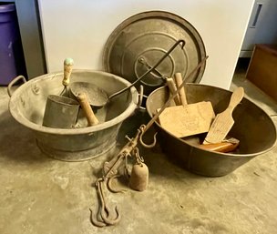 Large Antique Boiling Pan And Galvanized Handled Pan With Primitive Utensils Wool Brush - Ladle And More