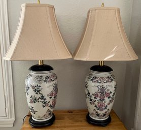 Pair Of Floral Pottery Table Lamps On Dark Wood Bases With Shades (work)