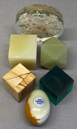 Assorted Carved Onyx And Alabaster Cubes With Resin Encased Pressed Flowers, Stone Egg