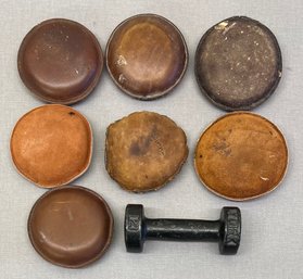 (7) Antique Hide And Leather Sand Filled Weights With Cast Iron York 2 Pound Dumbbell