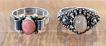 2 Sterling Silver Rings - Orange Moonstone Cabochon & Coral Cabochon Ring - Size 6 - Weight 10 Grams