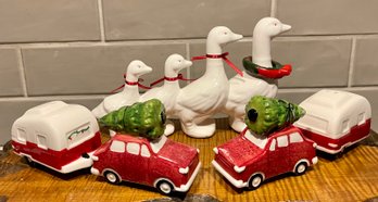 Vintage Department 56 Geese Figurine With Wreath & Two Sets Of Vintage Cars & Camper Salt & Peppers