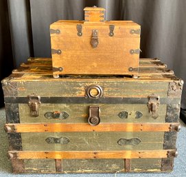 Antique Excelsor Wooden Trunk With Metal Trim And Leather Handles And (2) Small Wood And Metal Trunks