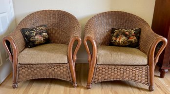 Pair Of Pier 1 Goose Arm Wicker Chairs With Cushions