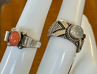 2 Sterling Silver Rings - Moonstone & Orange Coral - Size 6 - Total Weight 10.8 Grams