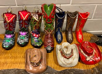 Western Holiday Ornaments - Glass Cowboy Boots - Raz Imports Resin Cowboy Boots And Cowboy Hats