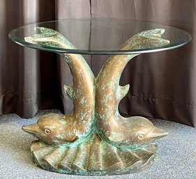 Vintage Plaster Dolphin Glass Top Table  (as Is)