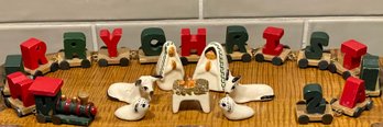 Vintage Miniature Pottery Mexico Nativity Scene & Miniature Wood Pull Train 'Merry Christmas'