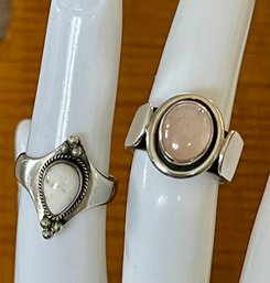 2 Sterling Silver Rings - White Agate Cabochon & Moonstone Cabochon - Size 5.75 - Weight 12.7 Grams