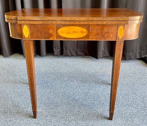 Federal Style Burled Mahogany Folding Game Table With Shell Motif Inlay