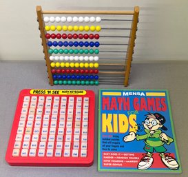 Vintage Multicolor Abacus With Press 'n See Math Keyboard And Mensa Math Games Booklet