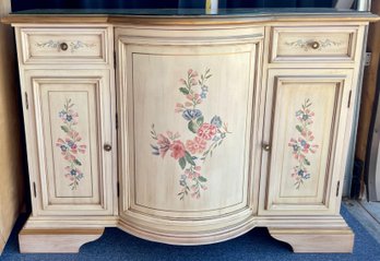 Vintage Floral Painted Buffet With Glass Top (as Is)