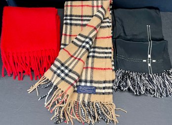 Burberrys Of London 100 Percent Lambs Wool Scarf, Red Wool Scarf, And Black Satin Scarf