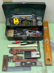 Vintage Metal Toolbox With Contents - Pipe Wrenches, Levels, Pliers, Screwdrivers, Wrenches, And More